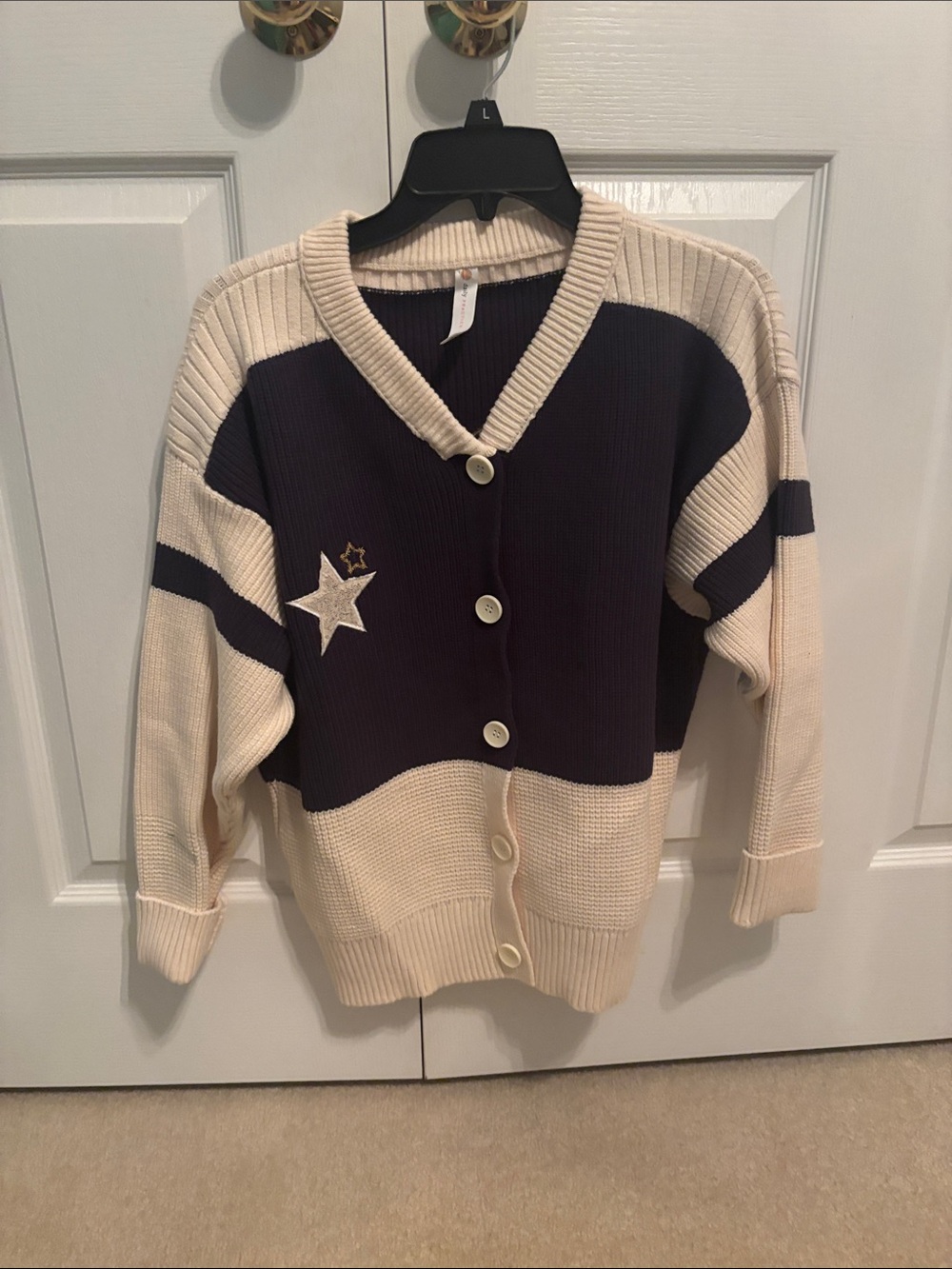 Cream and Navy Star Accent Button-Front Cardigan